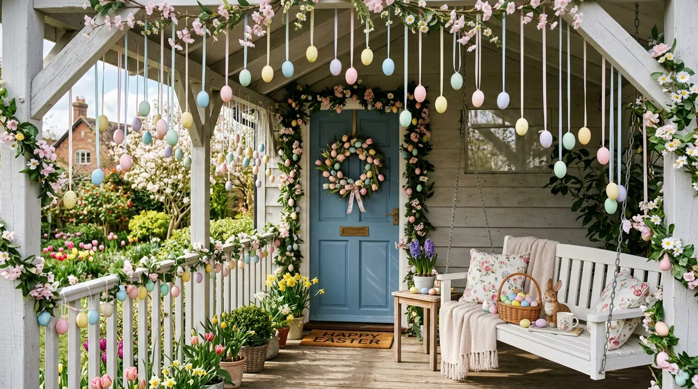 Porch with hanging Easter egg decorations
